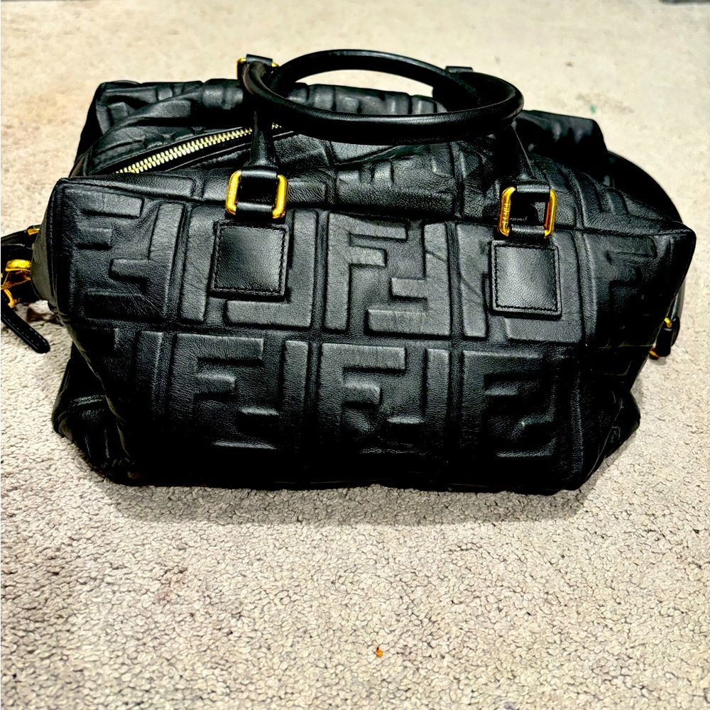 Authentic Boston Bag Zucca Embossed Leather Medium, Black